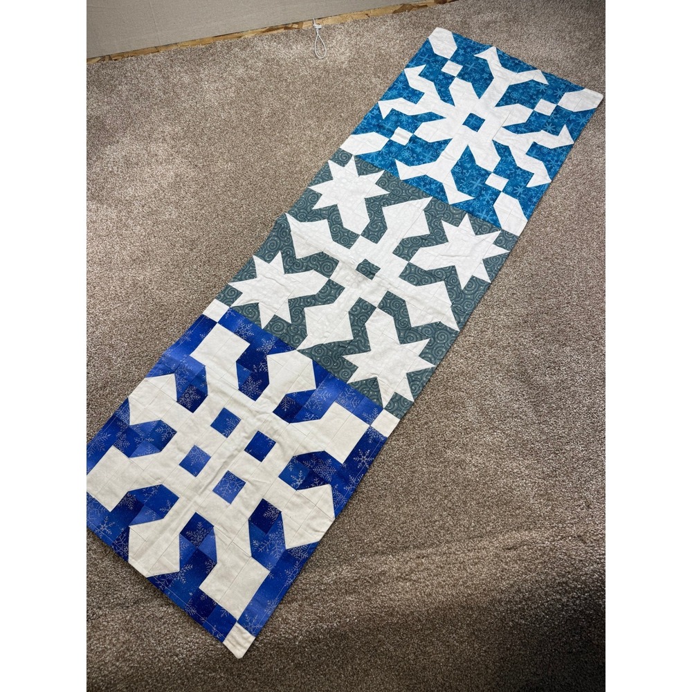 Handmade Quilted Winter Table Runner Blue Grey Snowflake Star Patchwork 47x15